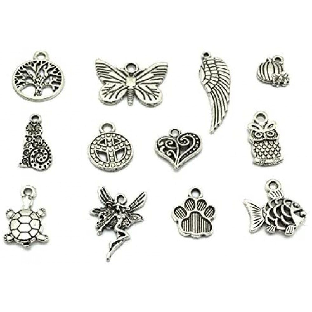 JIALEEY Wholesale Bulk Lots Jewelry Making Silver Charms Mixed Smooth  Tibetan Silver Metal Charms Pendants DIY